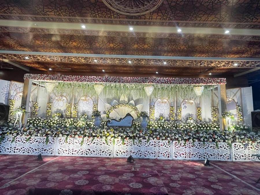 Banquet hall set for a reception